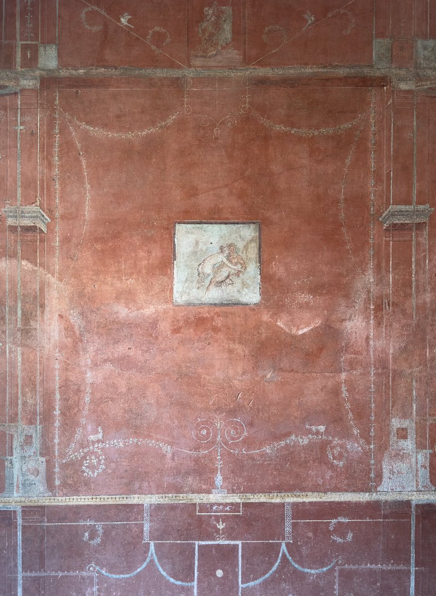 pompei79's tweet photo. Goodness knows how I had never been in the House of the Red Walls, #Pompeii but I hadn’t until today.
The two rooms decorated with a rich red background engulf you, spindly architecture lift the space, and the figurative panels are little windows of brightness. Utterly stunning. https://t.co/vmHwYh4rYs