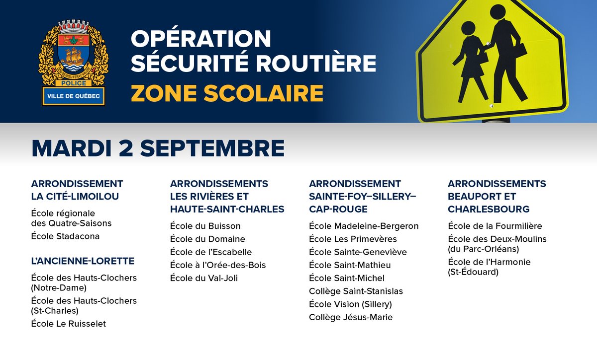 SPVQ_police's tweet photo. #RetourEnClasse | Parents et élèves, marchez sur les trottoirs et traversez aux intersections. 
Nos policiers seront présents autour de plusieurs écoles de @villequebec et #LAncienneLorette toute la journée! #zonescolaire #securiteroutiere 
🔎 Consultez la liste complète ici 👇 https://t.co/mbCUbfOJGk