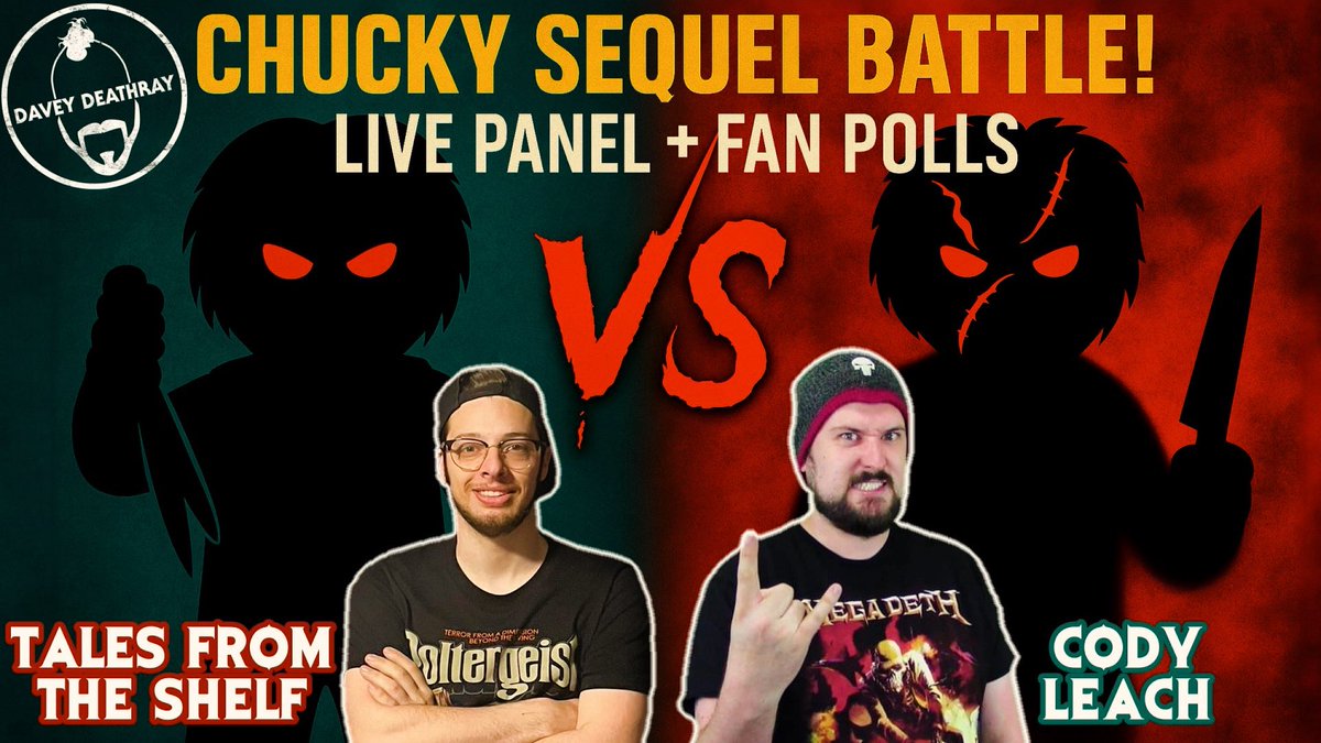 LIVE TONIGHT at 10:30PM Eastern <a href="/shelf_tales/">Tales From The Shelf</a>,​ ​⁠<a href="/CodyLeachYT/">Cody Leach</a> and I have versus battle for you: CHILD’S PLAY 2 vs BRIDE OF CHUCKY. Which movie will be crowned the King of Chucky sequels? 👇👇👇 #Chucky #Horror 

youtube.com/live/8HkKKMn9B…
