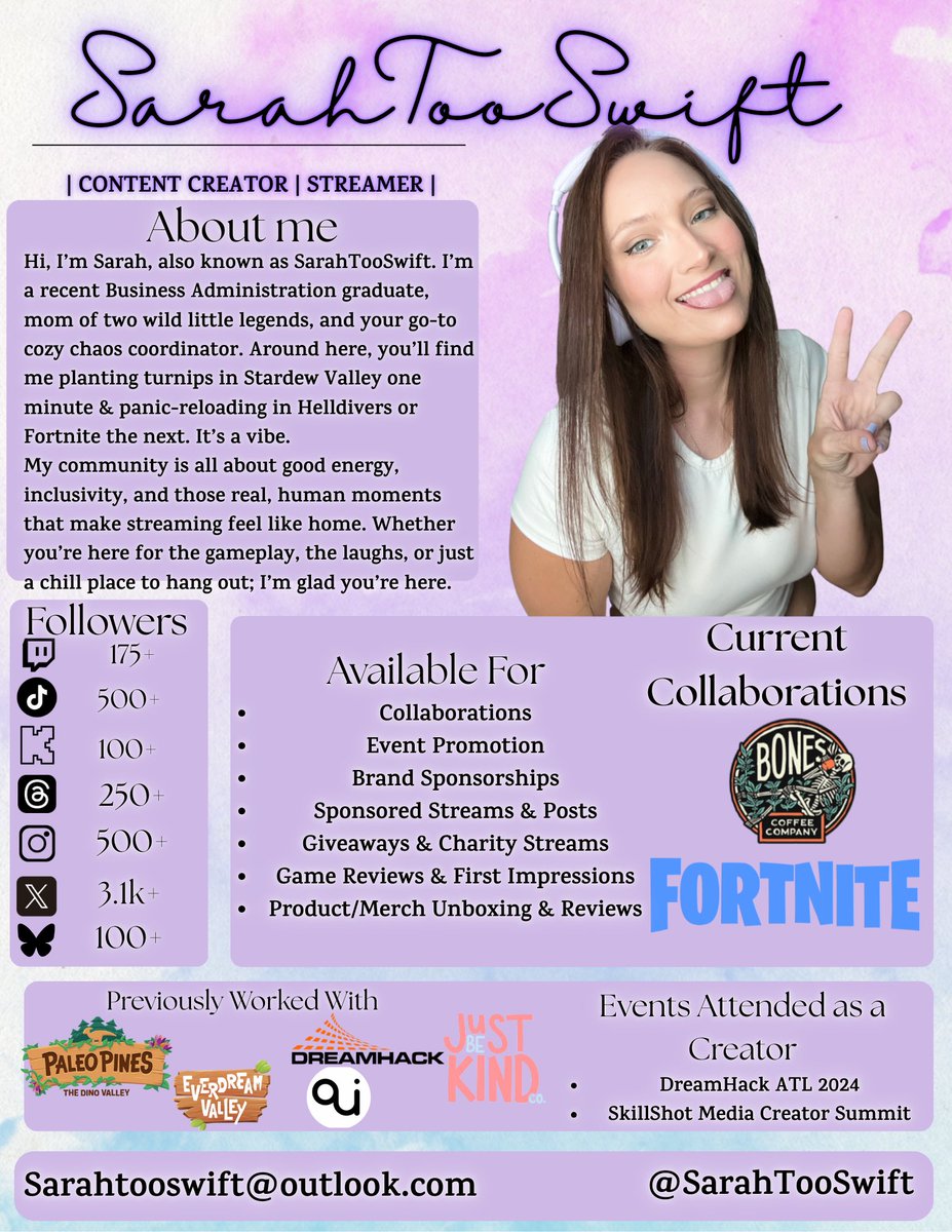 SarahTooSwift's tweet image. 🌟 Media Kit Drop 🌟

Business grad, streamer, chaos coordinator &amp;amp; coffee enthusiast 

Available for collabs, sponsorships, &amp;amp; all things good vibes.

📩 sarahtooswift@outlook.com