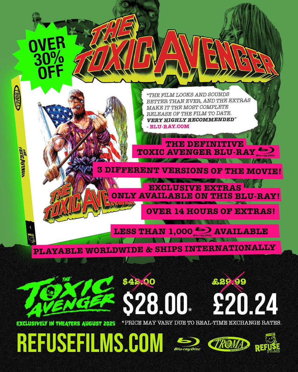 Refuse Films (@refusefilms) on Twitter photo Troma & Refuse Films presents the DEFINITIVE Toxic Avenger (1984) Blu-ray with OVER 14 HOURS of extras & an exclusive SLIPCOVER! Less than 1,000 remaining from refusefilms.com ππ Troma & Refuse Films presents the DEFINITIVE Toxic Avenger (1984) Blu-ray with OVER 14 HOURS of extras & an exclusive SLIPCOVER! Less than 1,000 remaining from refusefilms.com ππ