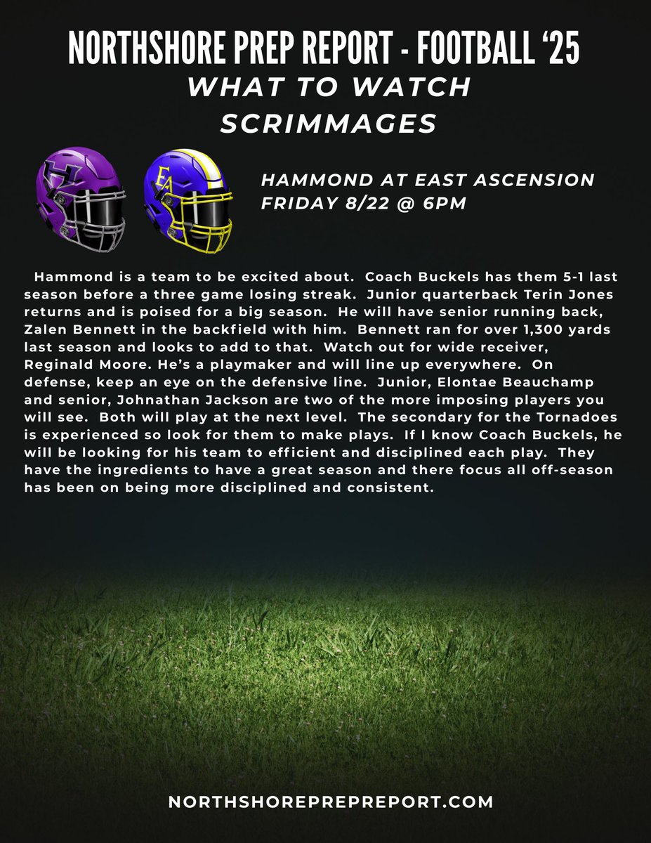 Northshore Prep Report (@northshoreprepr) on Twitter photo FOOTBALL 🏈🏈🏈
WHAT TO WATCH
Scrimmages
Friday, 8/22/25
Here are some things to look for as teams head into their scrimmages.
<a href="/Mandeville_FB/">Mandeville High Football</a> <a href="/JHSNolaFootball/">JesuitNOLA Football</a> <a href="/JakeJacketti/">Jake Jacketti</a> <a href="/PaddioBraxton/">Braxton Paddio</a> <a href="/zenon_marques/">Marques Zenon</a> <a href="/Aiden_F29/">Aiden Fairchild</a> <a href="/terin_jones/">Terin “T Shiesty” Jones</a> <a href="/Zay14k_/">Zalen “Deuce”Bennett</a> <a href="/taetizzlee/">Elontae “taetizzle” Beauchamp</a> FOOTBALL 🏈🏈🏈
WHAT TO WATCH
Scrimmages
Friday, 8/22/25
Here are some things to look for as teams head into their scrimmages.
<a href="/Mandeville_FB/">Mandeville High Football</a> <a href="/JHSNolaFootball/">JesuitNOLA Football</a> <a href="/JakeJacketti/">Jake Jacketti</a> <a href="/PaddioBraxton/">Braxton Paddio</a> <a href="/zenon_marques/">Marques Zenon</a> <a href="/Aiden_F29/">Aiden Fairchild</a> <a href="/terin_jones/">Terin “T Shiesty” Jones</a> <a href="/Zay14k_/">Zalen “Deuce”Bennett</a> <a href="/taetizzlee/">Elontae “taetizzle” Beauchamp</a>