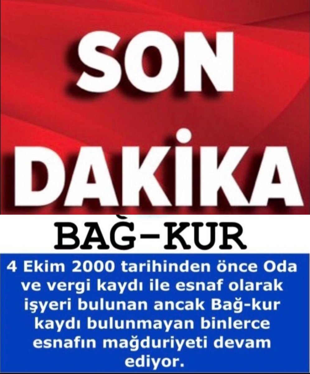 BağkurTESCİL (@kimesorsandert) on Twitter photo <a href="/mesutkesik1/">🇹🇷 Fakir Adam Mesut 🇹🇷</a> <a href="/avabdullahguler/">Abdullah Güler</a> <a href="/AhmetBOgutken/">Ahmet Baha Öğütken</a> <a href="/Akparti/">AK Parti</a> <a href="/vedatbilgn/">Vedat Bilgin</a> 04 Ekim 2000'den önce esnaflık yapmış #BağkurTESCİLMağdurları 'nın emekli olma hakkını geçici yasayla elinden aldınız. #BağkurTescilMağdurları
için #Yasa şart‼️
<a href="/RTErdogan/">Recep Tayyip Erdoğan</a>
<a href="/dbdevletbahceli/">Devlet Bahçeli</a>
<a href="/vedatbilgn/">Vedat Bilgin</a>
<a href="/Akparti/">AK Parti</a>
<a href="/MHP_Bilgi/">MHP</a>
<a href="/herkesicinCHP/">CHP 🇹🇷</a>
<a href="/iyiparti/">İYİ Parti</a>
<a href="/eczozgurozel/">Özgür Özel</a>
#BağkurTESCİL <a href="/mesutkesik1/">🇹🇷 Fakir Adam Mesut 🇹🇷</a> <a href="/avabdullahguler/">Abdullah Güler</a> <a href="/AhmetBOgutken/">Ahmet Baha Öğütken</a> <a href="/Akparti/">AK Parti</a> <a href="/vedatbilgn/">Vedat Bilgin</a> 04 Ekim 2000'den önce esnaflık yapmış #BağkurTESCİLMağdurları 'nın emekli olma hakkını geçici yasayla elinden aldınız. #BağkurTescilMağdurları
için #Yasa şart‼️
<a href="/RTErdogan/">Recep Tayyip Erdoğan</a>
<a href="/dbdevletbahceli/">Devlet Bahçeli</a>
<a href="/vedatbilgn/">Vedat Bilgin</a>
<a href="/Akparti/">AK Parti</a>
<a href="/MHP_Bilgi/">MHP</a>
<a href="/herkesicinCHP/">CHP 🇹🇷</a>
<a href="/iyiparti/">İYİ Parti</a>
<a href="/eczozgurozel/">Özgür Özel</a>
#BağkurTESCİL
