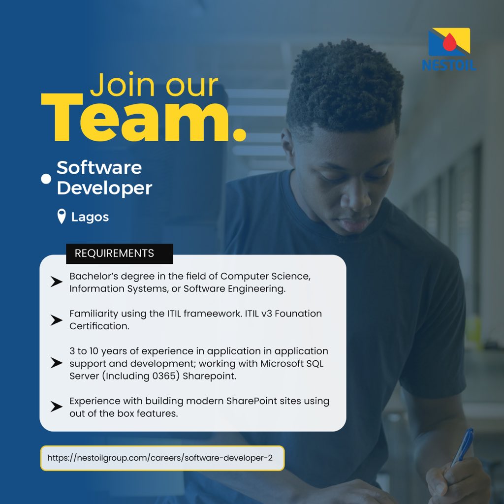nestoilltd's tweet image. We’re hiring a Software Developer at Nestoil Limited. 

Enjoy endless growth opportunities as a member of our team!

If you have the skills and passion, apply now using the link below. 

nestoilgroup.com/careers/softwa…

#nestoil #inspiredbypeople #softwaredeveloper