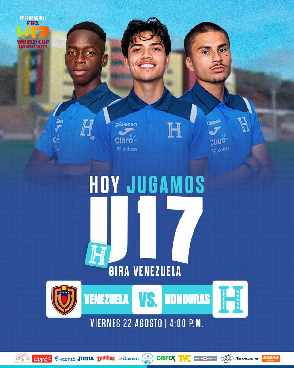 ⚽️ Hoy juega la #HU17 🇭🇳

Nuestra Selección Nacional Sub-17 arranca su gira de preparación, rumbo al Mundial de #Qatar2025 🇶🇦.

Honduras🇭🇳🆚 🇻🇪Venezuela 
🕓 4:00 p.m. (hora local)
📍 CNAR, Venezuela.

#LaHSomosTodos #U17 #LaHMundialista #Honduras #VamosCipotes