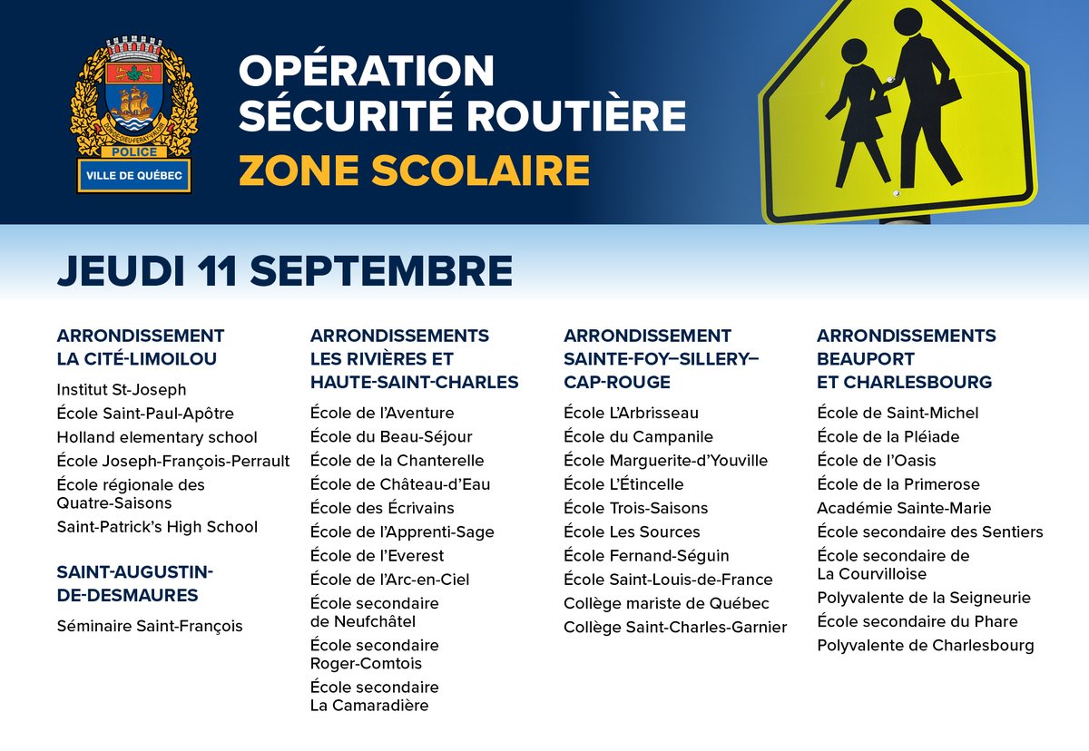 SPVQ_police's tweet photo. #RetourEnClasse | Êtes-vous un conducteur exemplaire en zone scolaire? 
📌 Vitesse réduite 
📌 Arrêt aux passages piétons 
📌 Vigilance aux intersections 
Voici les écoles de la @villequebec et de la @VSADofficiel où nous serons aujourd’hui. 
#sécurité #rentréescolaire https://t.co/q4QhFPIe2Z