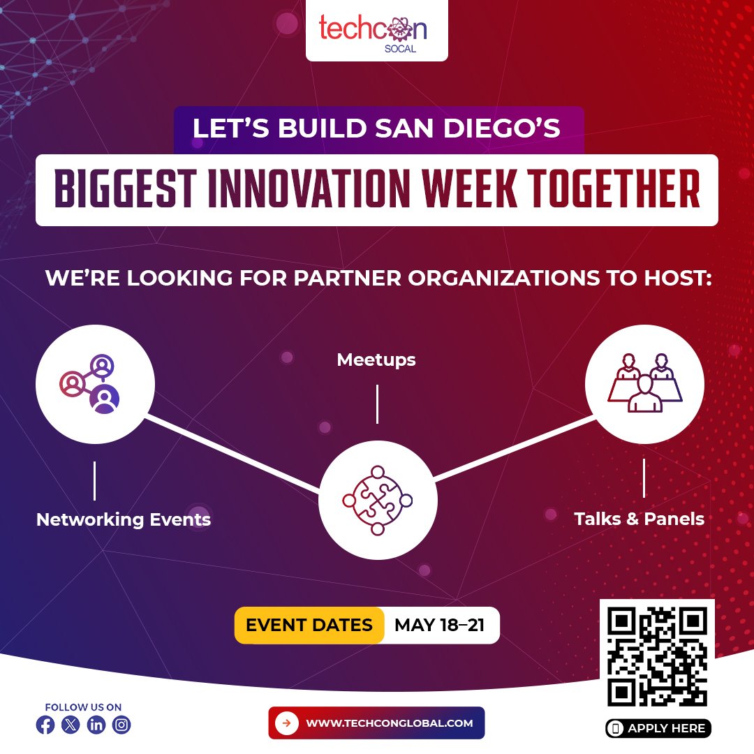 TechCon_Global's tweet image. Partner With Us to Build the Future

San Diego’s Innovation Week (May 18–21, 2026) is calling for partner organizations 🚀

Host meetups, talks &amp;amp; networking → Apply now!

🎟 Secure your spot → techconglobal.com/techcon-socal-… 

#TechConSoCal2026 #BuildTheFuture #InnovationWeek #TechCon