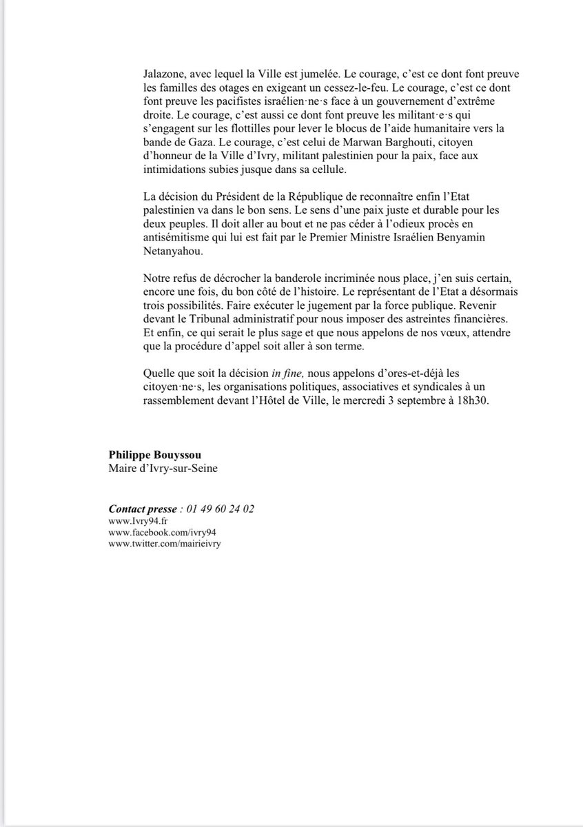 Nous ne céderons pas ! Nous n’enlèverons pas notre banderole en soutien au peuple palestinien.
Poursuivons la lutte ! Prochaine étape : le recours au Conseil d’Etat. ✊

#stopgenocideingaza🇵🇸❤️‍🩹 #palestine #cessezlefeugaza #ivry #ivrysurseine #ensemblepourivry
