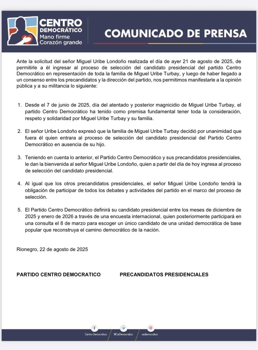 Atención … el ⁦<a href="/CeDemocratico/">Centro Democrático</a>⁩ le da la bienvenida a la consulta a Miguel uribe Londoño padre de ⁦<a href="/MiguelUribeT/">Miguel Uribe</a>⁩