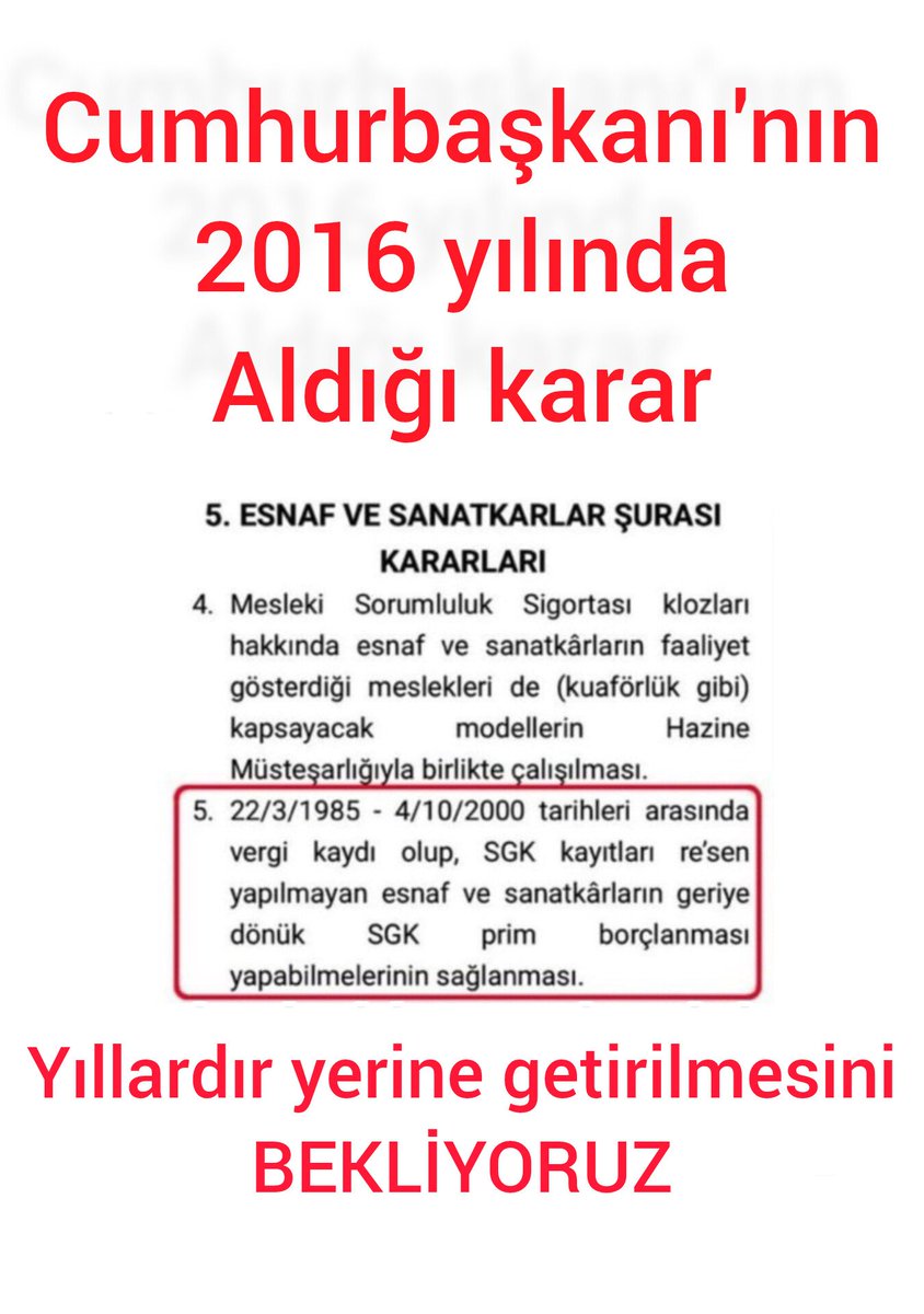 BağkurTESCİL (@kimesorsandert) on Twitter photo <a href="/mesutkesik1/">🇹🇷 Fakir Adam Mesut 🇹🇷</a> <a href="/avabdullahguler/">Abdullah Güler</a> <a href="/AhmetBOgutken/">Ahmet Baha Öğütken</a> <a href="/Akparti/">AK Parti</a> <a href="/vedatbilgn/">Vedat Bilgin</a> 04 Ekim 2000'den önce esnaflık yapmış #BağkurTESCİLMağdurları 'nın emekli olma hakkını geçici yasayla elinden aldınız. #BağkurTescilMağdurları
için #Yasa şart‼️
<a href="/RTErdogan/">Recep Tayyip Erdoğan</a>
<a href="/dbdevletbahceli/">Devlet Bahçeli</a>
<a href="/vedatbilgn/">Vedat Bilgin</a>
<a href="/Akparti/">AK Parti</a>
<a href="/MHP_Bilgi/">MHP</a>
<a href="/herkesicinCHP/">CHP 🇹🇷</a>
<a href="/iyiparti/">İYİ Parti</a>
<a href="/eczozgurozel/">Özgür Özel</a>
#BağkurTESCİL <a href="/mesutkesik1/">🇹🇷 Fakir Adam Mesut 🇹🇷</a> <a href="/avabdullahguler/">Abdullah Güler</a> <a href="/AhmetBOgutken/">Ahmet Baha Öğütken</a> <a href="/Akparti/">AK Parti</a> <a href="/vedatbilgn/">Vedat Bilgin</a> 04 Ekim 2000'den önce esnaflık yapmış #BağkurTESCİLMağdurları 'nın emekli olma hakkını geçici yasayla elinden aldınız. #BağkurTescilMağdurları
için #Yasa şart‼️
<a href="/RTErdogan/">Recep Tayyip Erdoğan</a>
<a href="/dbdevletbahceli/">Devlet Bahçeli</a>
<a href="/vedatbilgn/">Vedat Bilgin</a>
<a href="/Akparti/">AK Parti</a>
<a href="/MHP_Bilgi/">MHP</a>
<a href="/herkesicinCHP/">CHP 🇹🇷</a>
<a href="/iyiparti/">İYİ Parti</a>
<a href="/eczozgurozel/">Özgür Özel</a>
#BağkurTESCİL
