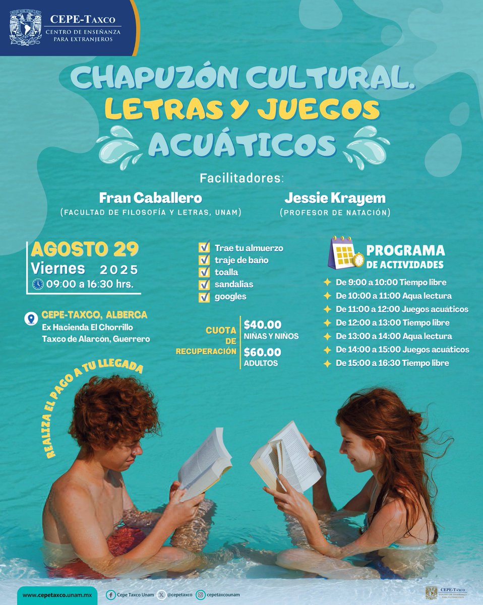 🌞📚 Antes de volver a clases, ¡disfrutemos el último chapuzón del verano! Lectura, juegos y convivencia en la alberca del CEPE-Taxco 💦✨.
Un viernes para disfrutar, aprender y despedir las vacaciones con alegría. 
#ChapuzónCultural #LecturaQueUne #VeranoEnComunidad