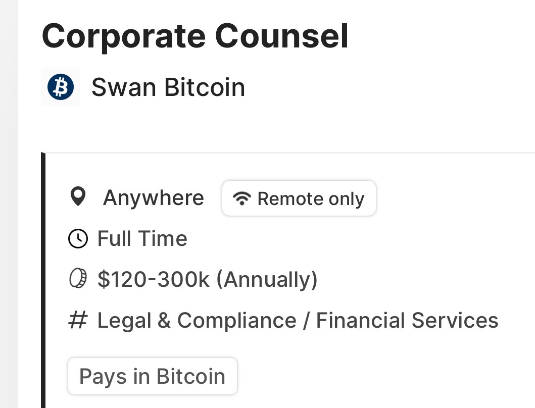 Swan is chasing a bunch of new territories and licenses. Come join our legal team and help us blast through the red tape in service of our Bitcoiner clients! New Corporate Counsel role posted on <a href="/BitcoinerJobs/">Bitcoiner Jobs</a>