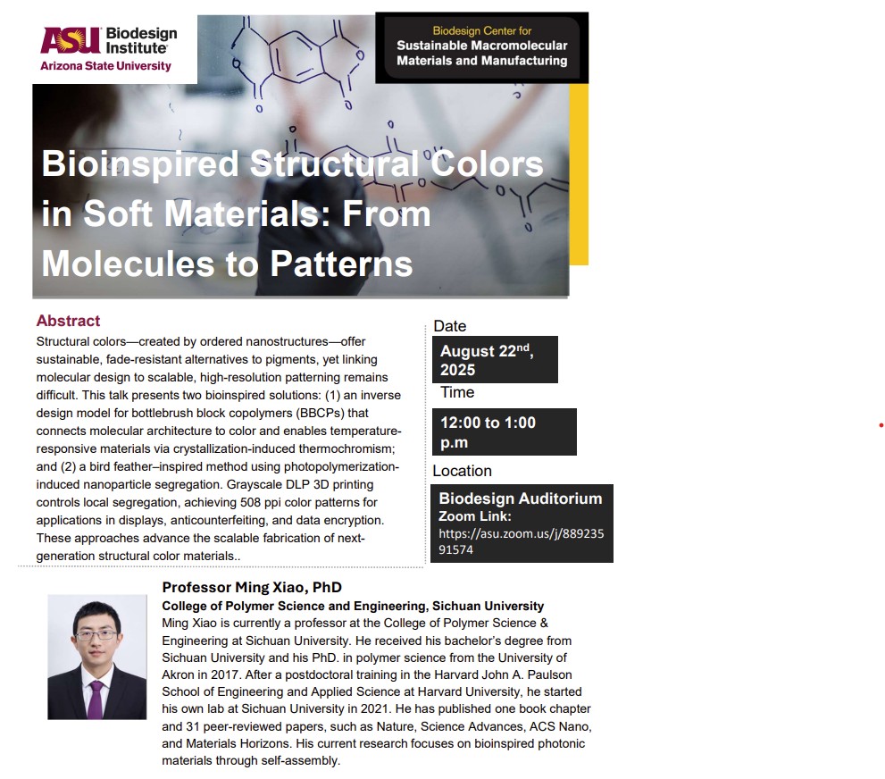 Join us for the kick off of our Fall 2025 Seminar Series today at noon! Dr. Ming Xiao from Sichuan University will be speaking about the design of bioinspired structural color in soft materials.