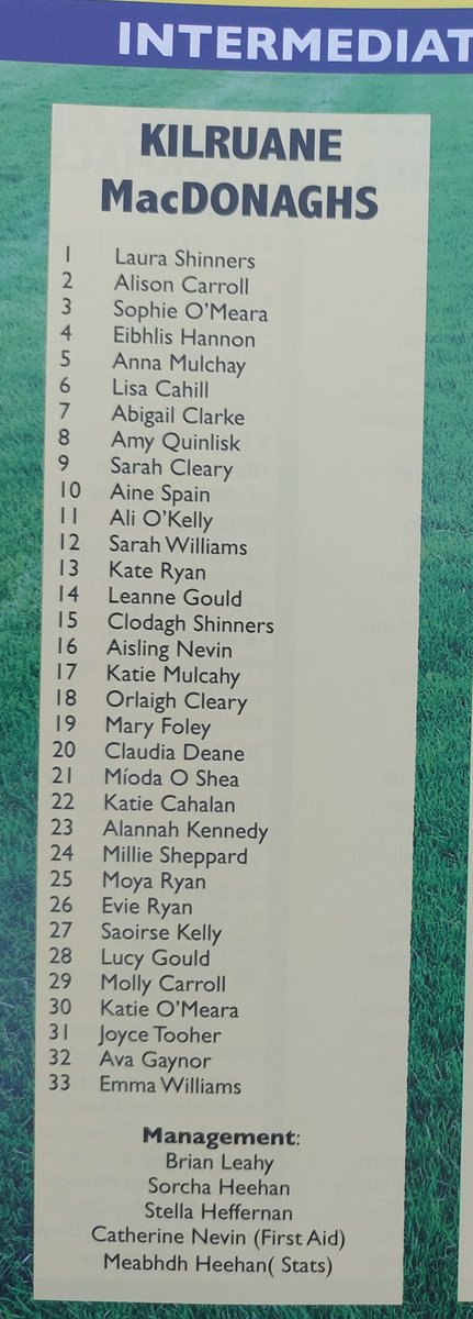 Intermediate Championship Round 1
Boherlahan Dualla  4:13 (25)
Kilruane McDonaghs  2:3 (9)
Boherlahan Dualla  leading by 16 points
Half Time

<a href="/camogietipp/">Tipperary Camogie</a>