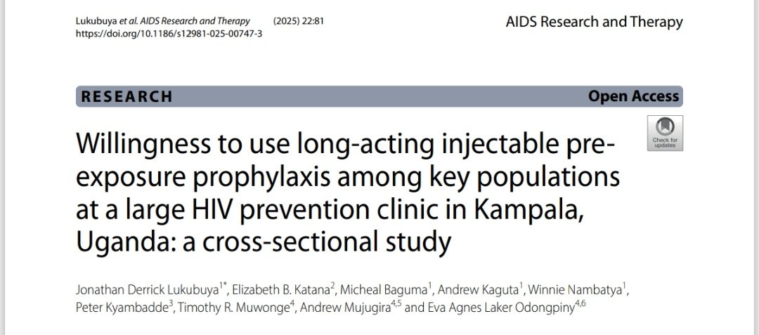DerrickLukubuya's tweet photo. 📢 PUBLICATION ALERT
2/3 of key populations in Uganda are willing to use injectable PrEP, with awareness at 82.5%.

To increase uptake, we must tackle stigma, myths &amp; access barriers.

🔑 Optimised PrEP delivery models are essential.

📖 Full article: https://t.co/9KFCTaUV4z https://t.co/3rU8sgjQZ0