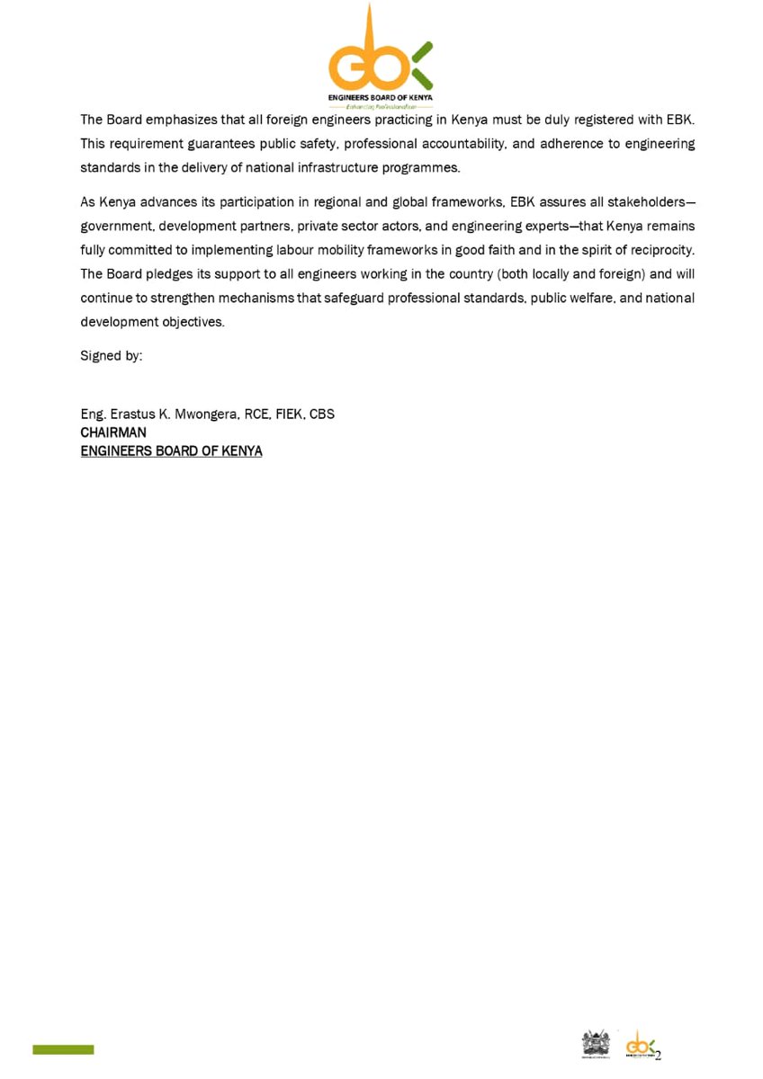 Constafrica's tweet photo. ๐ฅA Public Statement by the @EngineersBoard of Kenya on Advancements in Professional Standards and Global Mobility for Engineers.
#EngineeringExcellenceKe
#EnhancingGlobalMobility https://t.co/iUDtKW1Gbq