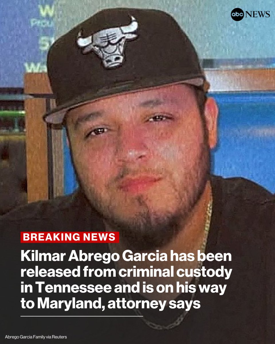 BREAKING: Kilmar Abrego Garcia has been released from criminal custody in Tennessee and is on his way to Maryland, an attorney for Abrego Garcia told ABC News. abcnews.link/pb9oIXr