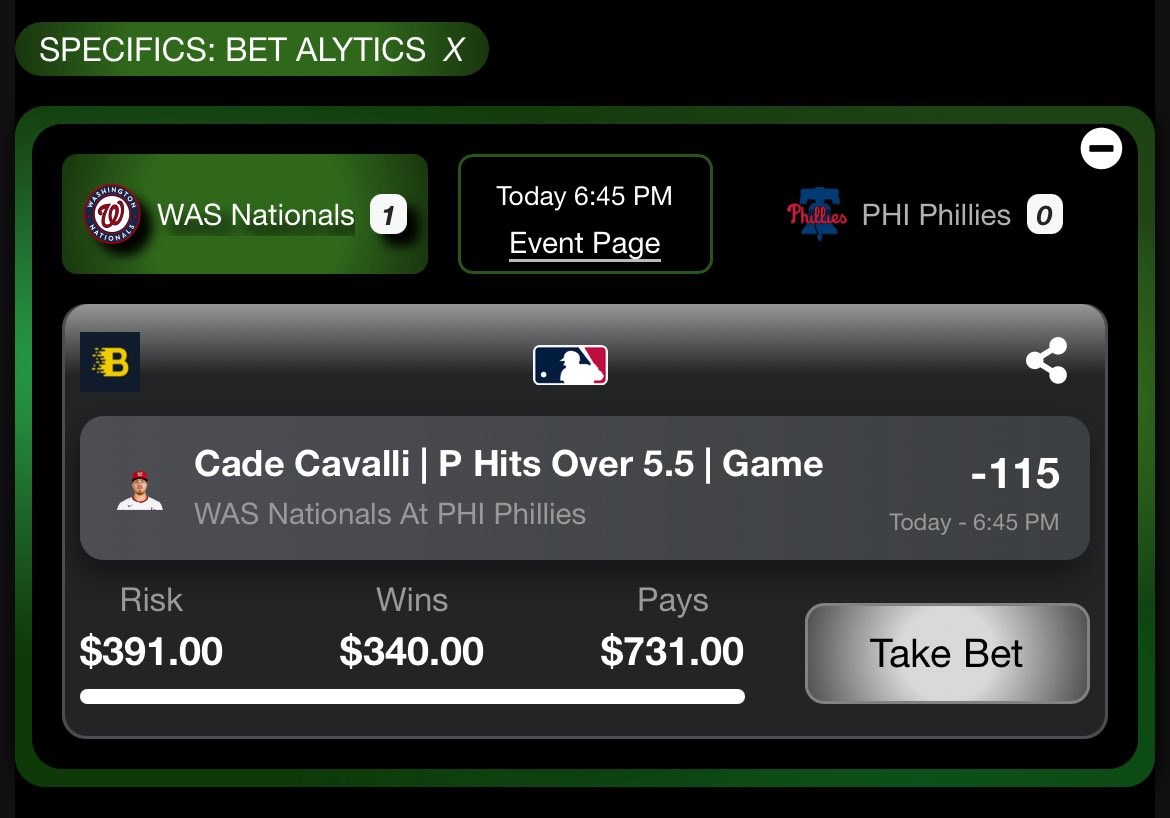 BetAlytics (@betalyticsinc) on Twitter photo Betalytics play just dropped on <a href="/BetOpenly/">BetOpenly.com</a>!
When our logo’s on it, the numbers back it.
Cade Cavalli — Over 5.5 Hits (-115)
📲 Available now at BetOpenly.com Betalytics play just dropped on <a href="/BetOpenly/">BetOpenly.com</a>!
When our logo’s on it, the numbers back it.
Cade Cavalli — Over 5.5 Hits (-115)
📲 Available now at BetOpenly.com