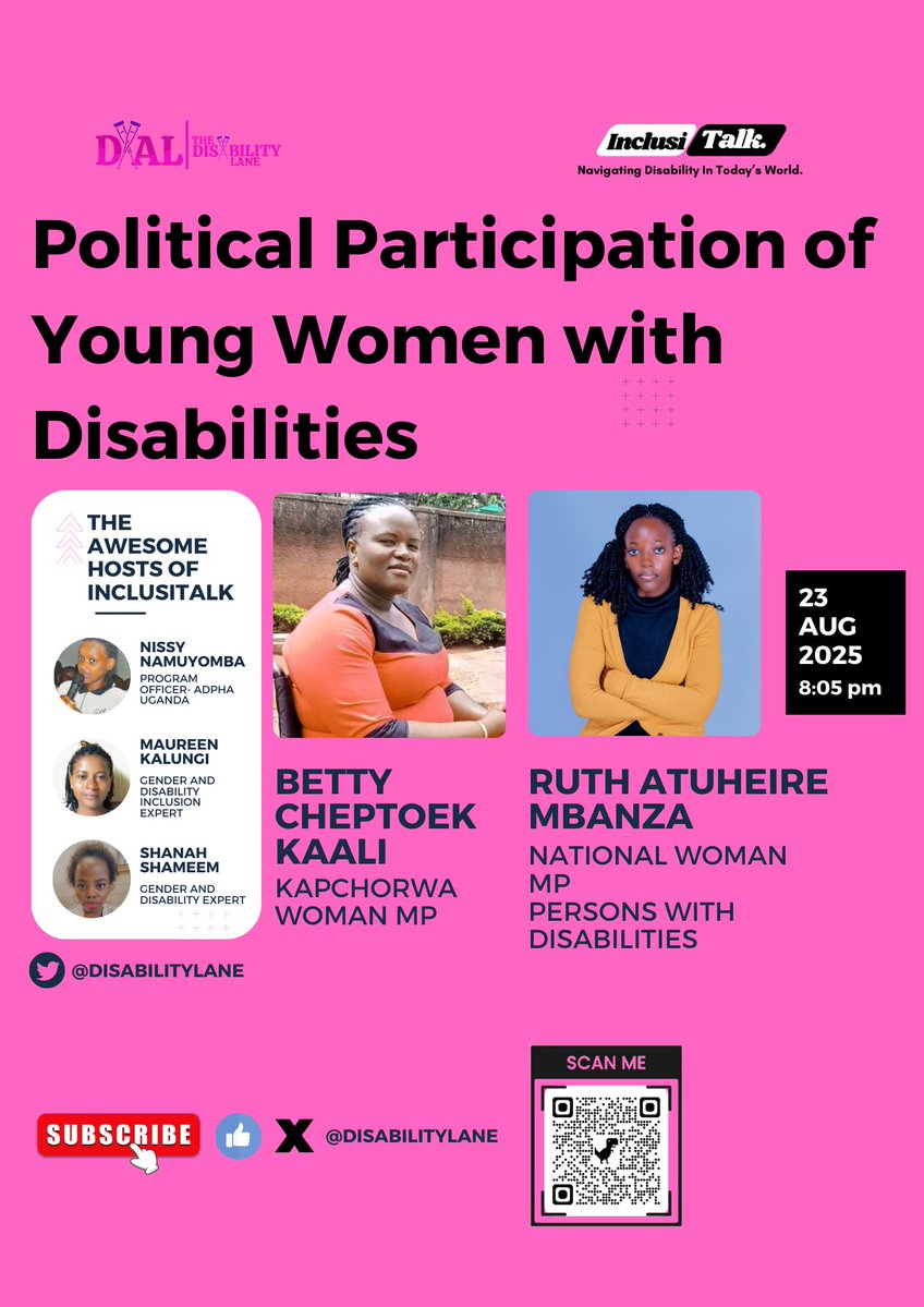 The Disability Lane (@disabilitylane) on Twitter photo .<a href="/bettyuganda/">Cheptoek Betty</a> and .<a href="/RuthieAtuheire/">Atuheire Mbanza Ruth๐บ๐ฌ๐</a> are exemplifying the belief that
political participation is not a privilege โ it is a right.
On the next #InclusiTalk, we spotlight Young Women with Disabilities in Politics, linking their leadership journeys to the CRPD and ADP commitments .<a href="/bettyuganda/">Cheptoek Betty</a> and .<a href="/RuthieAtuheire/">Atuheire Mbanza Ruth๐บ๐ฌ๐</a> are exemplifying the belief that
political participation is not a privilege โ it is a right.
On the next #InclusiTalk, we spotlight Young Women with Disabilities in Politics, linking their leadership journeys to the CRPD and ADP commitments