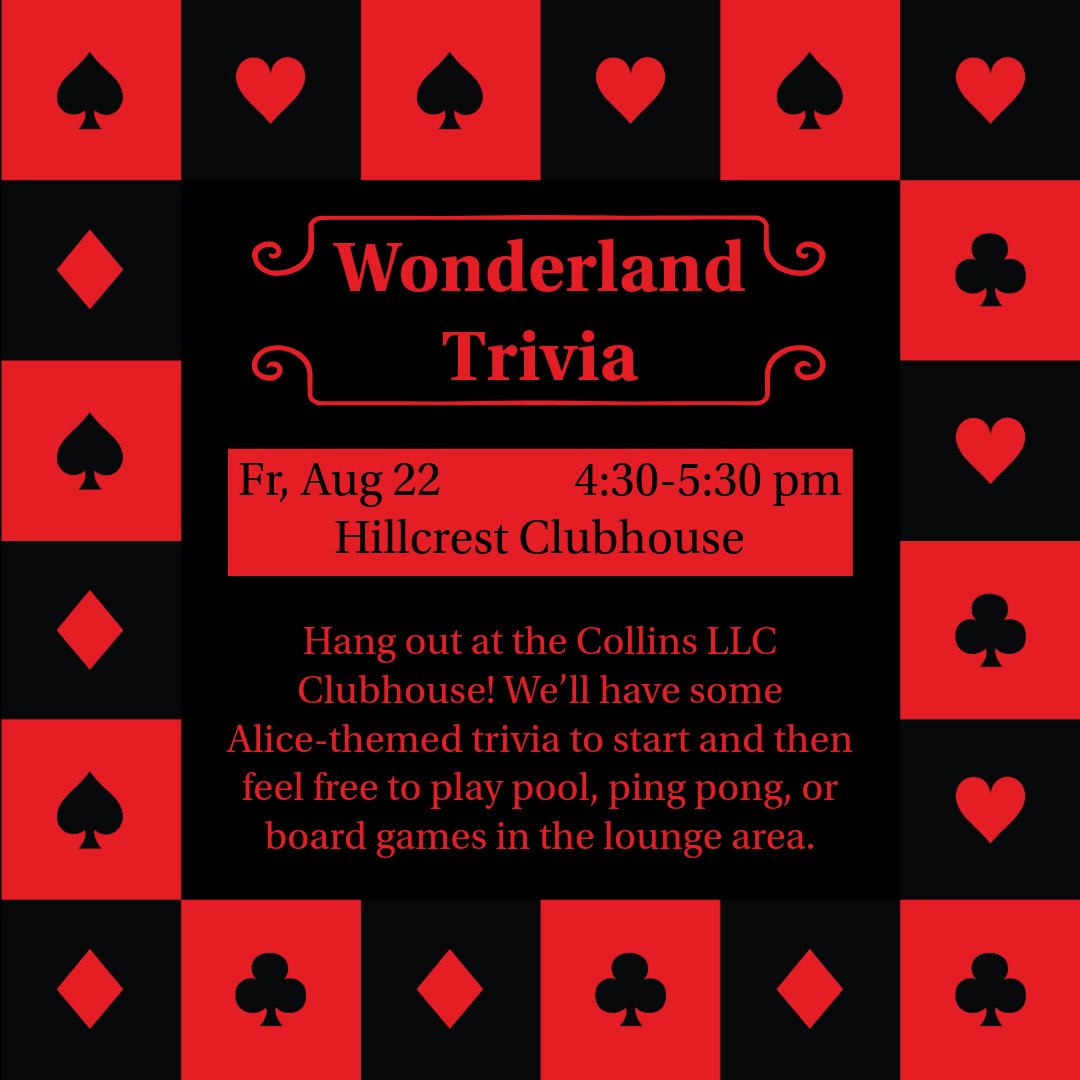 Back to back events this afternoon! Tour the Collins Arts Facilities, then hang out and play some Wonderland Trivia in the Hillcrest Clubhouse! #collinsllc #collinsinwonderland #welcomeweek #welcometocollins