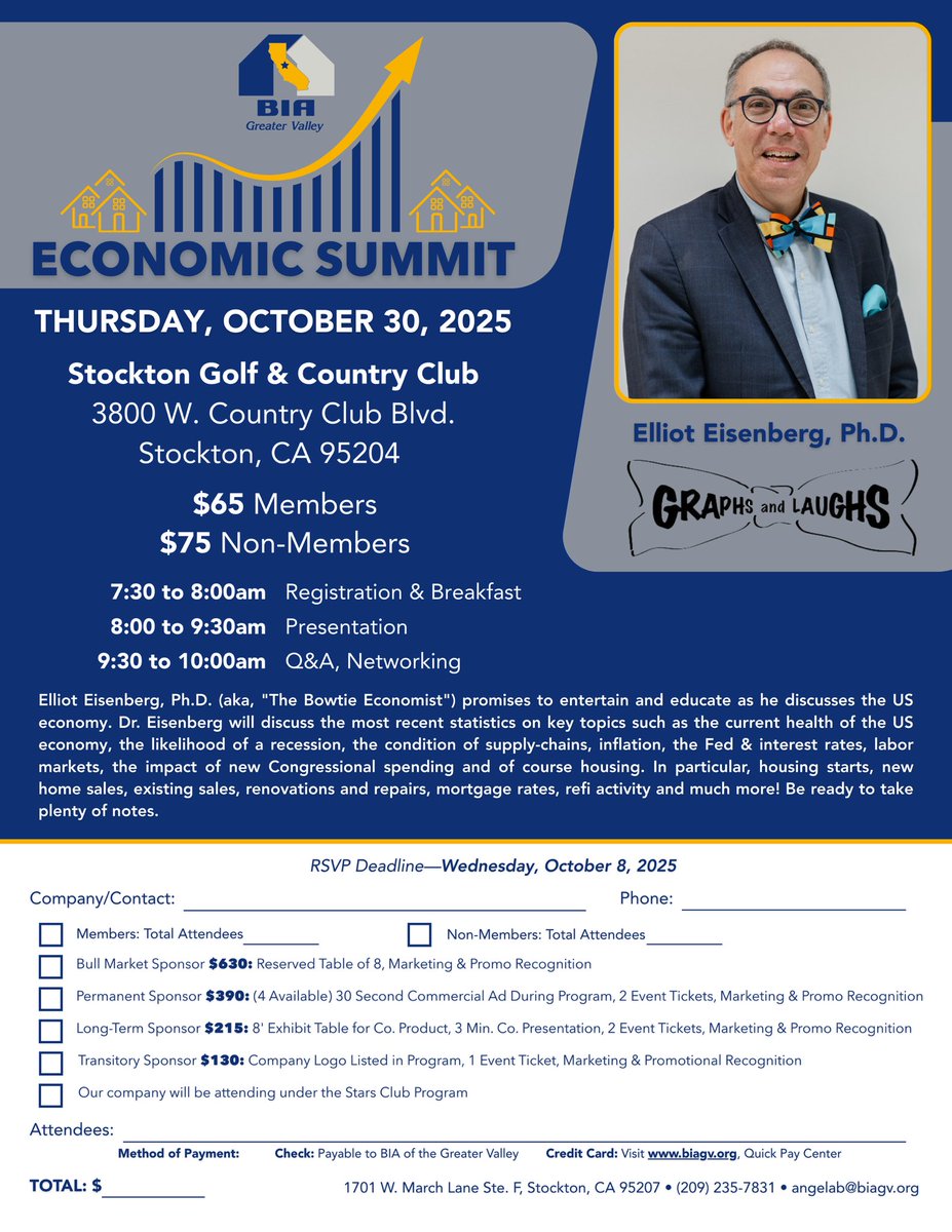 “BACK BY POPULAR DEMAND”

Elliot Eisenberg, Ph.D.
“The Bowtie Economist” 

Join us on Thursday, October 30, 2025 at Stockton Golf &amp; Country Club!