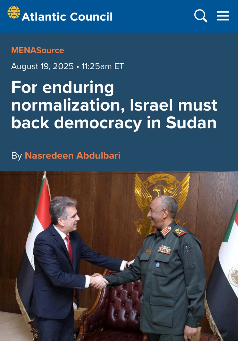 ما اصحاب وجعة⛔️

نصرالدين عبد الباري (مريسة) كتب مقال نشره على Atlantic Council، عن التطبيع مع اسرائيل في #السودان ويدعو دولة الكيان ان تدعم قوى الديموقراطية المدنية ليكون تطبيعا دائم ومستقر. 

في وسط حصار غزة والعالم كله مقلوب على اسرائيل وزير عدل عهد نكبة السودان يقول ان