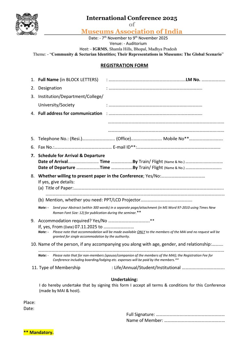 MAI_1944's tweet photo. Registration Form for International Conference of MAI at Indira Gandhi Rashtriya Manav Sangrahalaya, Bhopal from 7th Nov. to 9th Nov. 2025.

#Conference
#InternationalConference 
#MAI #MuseumsAssociationofIndia 
#IGRMS #IndiraGandhiRashtriyaManavSangrahalaya
#Bhopal https://t.co/Ctcf3AjtmI