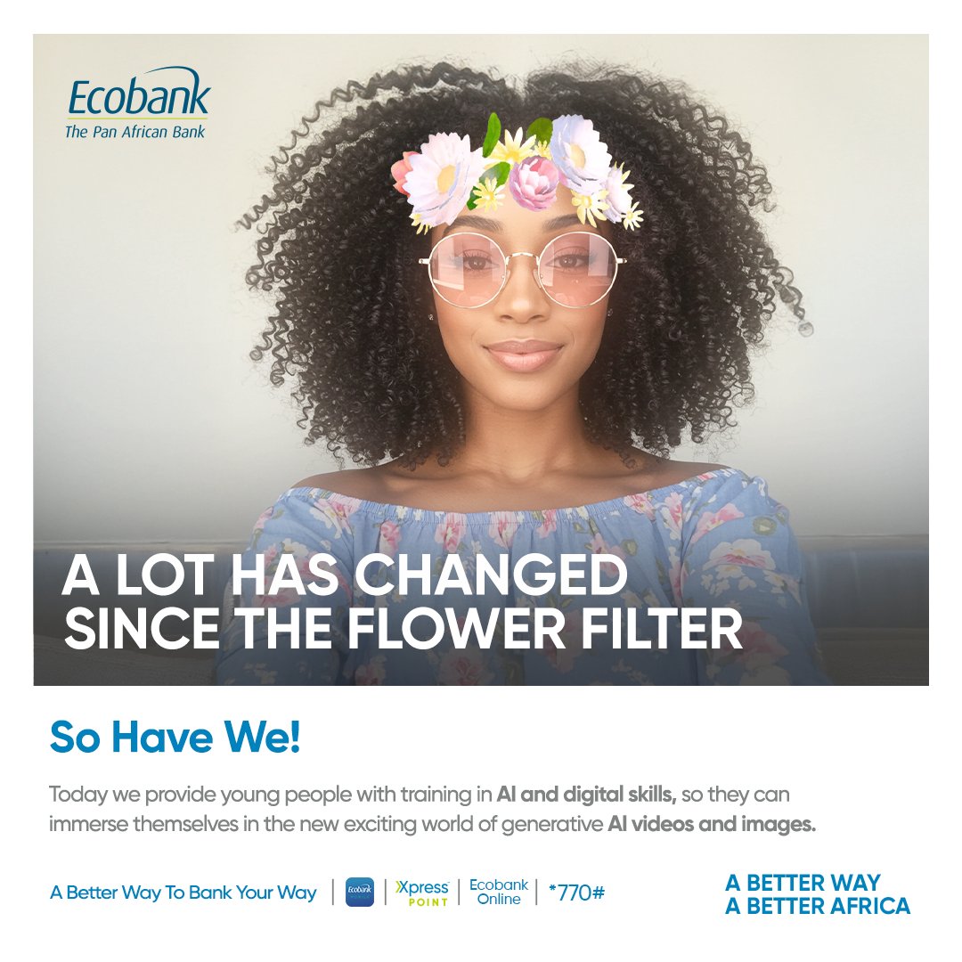 EcobankGhanaPLC's tweet photo. Friyaaaaaaay!!! Do you remember flower filters? 📸🤳🏾🖼
A lot has changed! Now, we use AI-generated selfies and videos and Ecobank is empowering the next generation with AI training and digital skills for the youth.
Discover a better way to bank your way.
#ALotHasChanged #SoHaveWe #ABetterWayToBankYourWay #EcobankGhana #FlashbackFriday