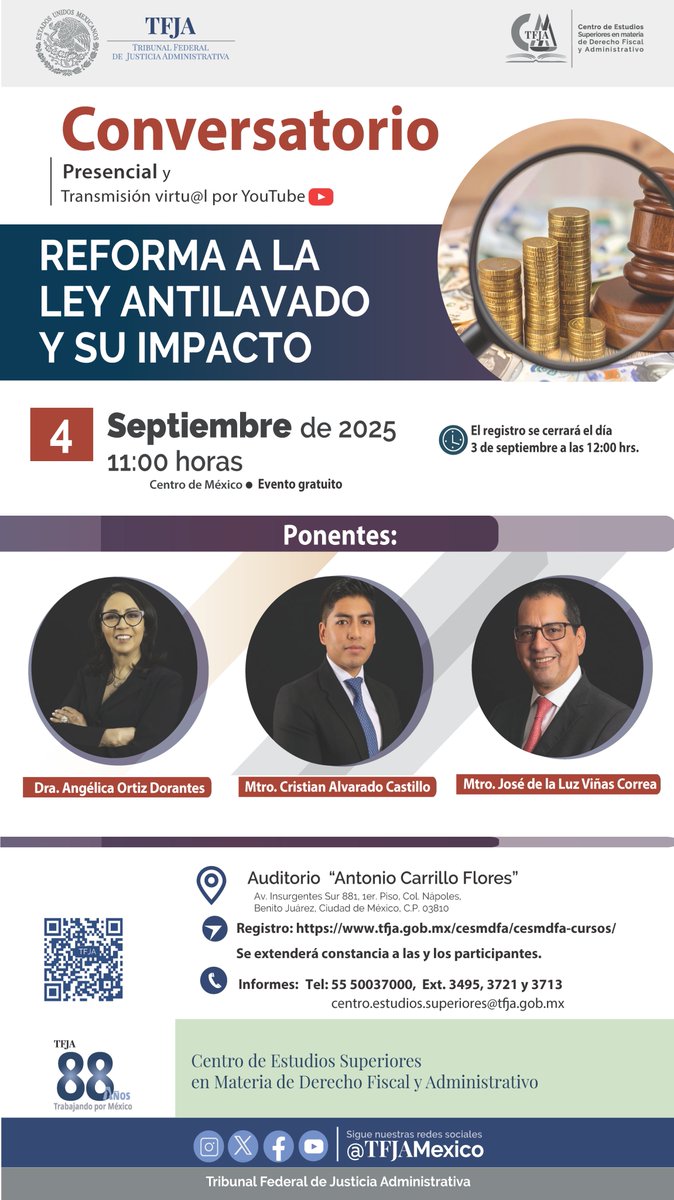 CesmdfaTFJA's tweet photo. 📢 ¡No faltes! Te invitamos al Conversatorio: Reforma a la Ley Antilavado y su Impacto 💬
🗓️ 4 de septiembre | 🕚 11:00 h (CDMX)
📍 Auditorio "Antonio Carrillo Flores"
🔗 Registro: https://t.co/GXlj7YJLoj
#TFJA 
#CESMDFA
#Antilavado 
#Derecho https://t.co/GqniHQsTv1