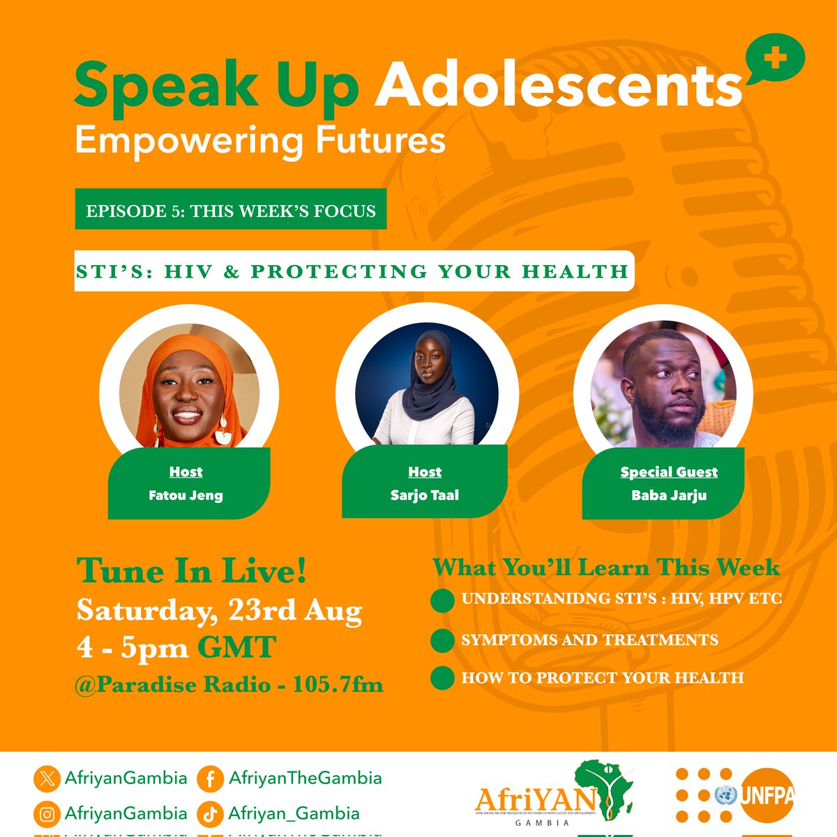 🎙️ Next Episode of Speak Up Adolescents! STIs; HIV &amp; Protecting Your Health. Join our amazing hosts and our special guest Baba Jarju as they break down what STIs are, how to spot symptoms, available treatments, and how to stay safe and healthy.

#SpeakUpAdolescents #AfriYANGambia