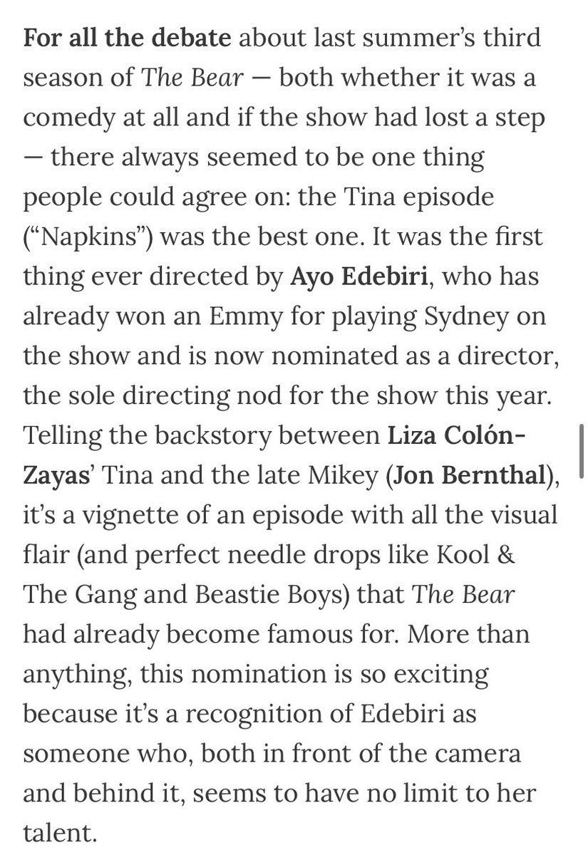 Ayo Edebiri’s “Napkins” is listed in The Ankler’s Top 10 Emmy nominations by Katey Rich!

“More than anything, this nomination is so exciting because it's a recognition of Edebiri as someone who, both in front of the camera and behind it, seems to have no limit to her talent.”