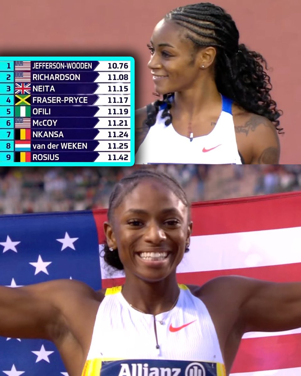 🇺🇸Melissa Jefferson-Wooden still undefeated in the 100m this season with another DOMINANT win at #BrusselsDL! 😤

🇺🇸Sha'Carri Richardson 2nd in 11.08 ahead of 🇬🇧Daryll Neita and 🇯🇲Shelly-Ann Fraser-Pryce.