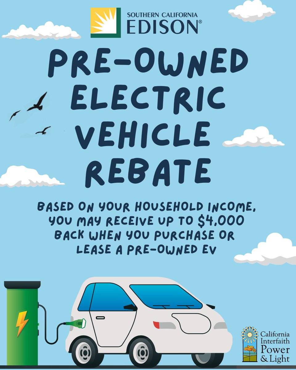 📢 #ElectricVehicles are becoming more &amp; more affordable! Now you can save even more when you purchase or lease a pre-owned #EV 🤑

Learn how you can receive a rebate up to $4,000 with <a href="/SCE/">SCE</a>  at evrebates.sce.com

#Faiths4Climate #NoFaithInFossilFuels #DriveClean