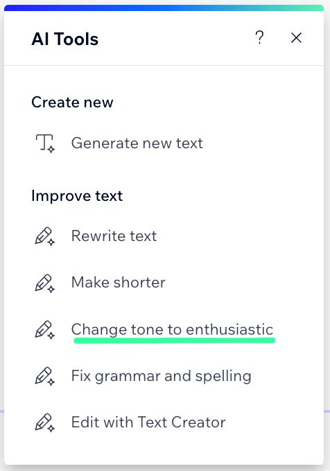 erincmca's tweet photo. Tinkering with making a Wix website and being offered this AI 'help'. 'Change tone to enthusiastic'? Nothing could be more of a giveaway that I didn't write it, lads. https://t.co/WmfzZSI5uC