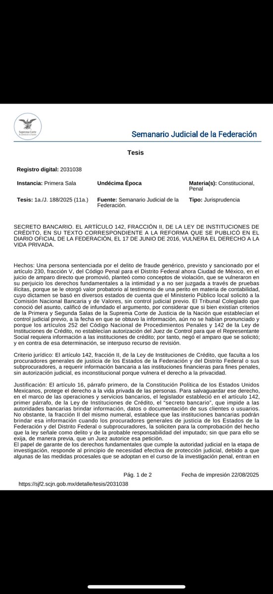 fridadiaza's tweet photo. Jurisprudencia📍. Secreto bancario. El artículo 142, fracción II, de la Ley de Instituciones de Crédito, en la versión reformada y publicada en el Diario Oficial de la Federación el 17 de junio de 2016, vulnera el derecho a la vida privada. https://t.co/Uq12fNPiHw
