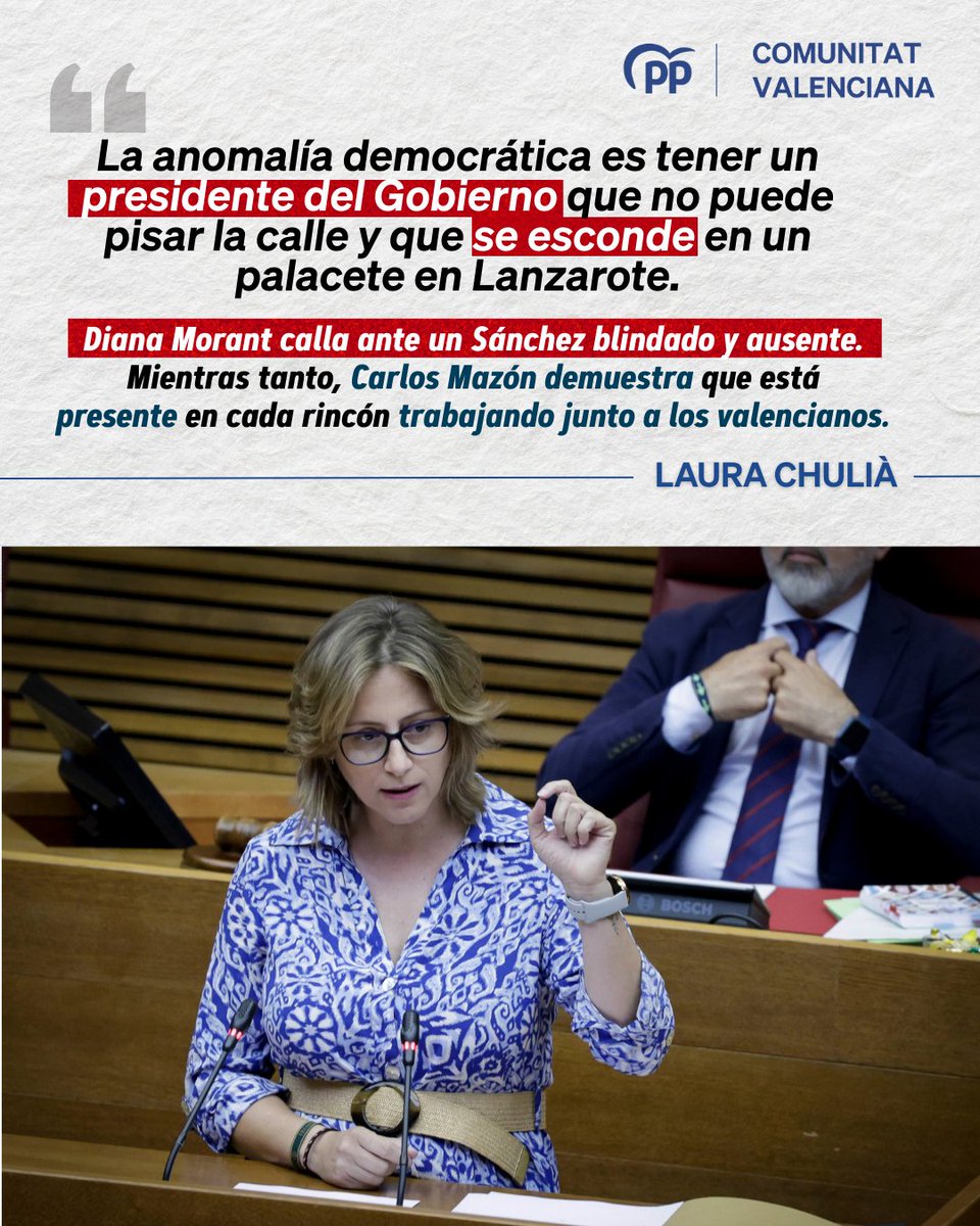 🔴 La ministra 'sanchista' y abalista, Diana Morant, podría ejercer más de valenciana y reclamar a su Gobierno lo que nuestra tierra necesita. Sin embargo, prefiere guardar silencio ante un presidente alejado de la ciudadanía y asediado por la corrupción. 

🗣️ <a href="/_laurachulia/">Laura Chulià Serra</a>