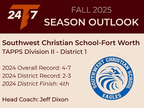 TAPPS 24/7 Football (@tapps247) on Twitter photo TAPPS Division II - District 1
Southwest Christian School – Fort Worth Eagles
Head Coach: Jeff Dixon <a href="/CoachJeffDixon/">Jeff Dixon</a>
📝 2025 Outlook
Southwest Christian enters 2025 with new leadership under first-year head coach Jeff Dixon, a veteran with more than three decades of Texas high TAPPS Division II - District 1
Southwest Christian School – Fort Worth Eagles
Head Coach: Jeff Dixon <a href="/CoachJeffDixon/">Jeff Dixon</a>
📝 2025 Outlook
Southwest Christian enters 2025 with new leadership under first-year head coach Jeff Dixon, a veteran with more than three decades of Texas high