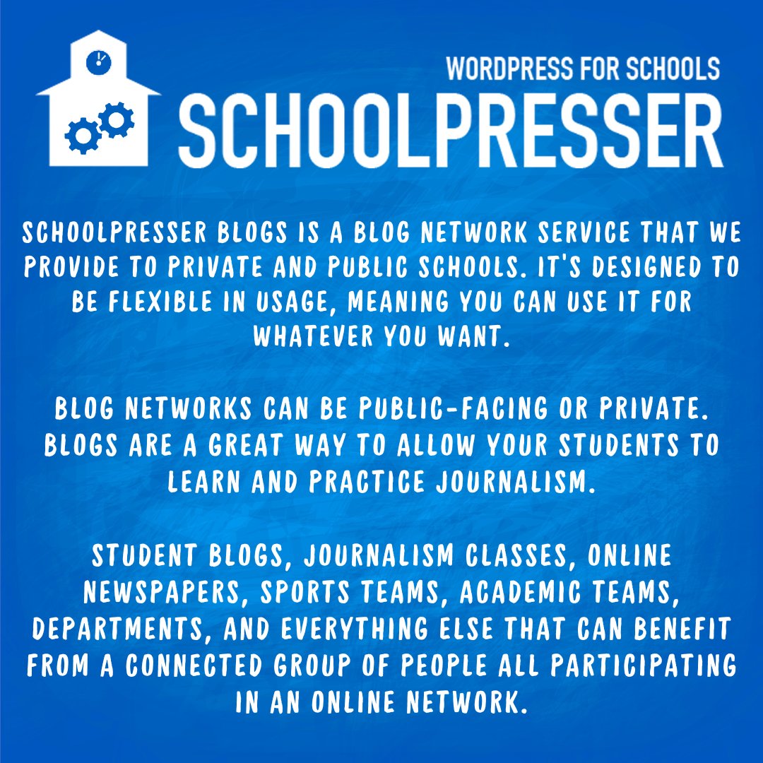 SchoolPresser's tweet photo. SchoolPresser has taken over the hosting and support for the Blackbaud® SchoolPress Blogs service! SchoolPress Blogs are the perfect educational tool for your students to learn and practice journalism. 

https://t.co/KFsTTQDZJ0 https://t.co/DQ07c95lWY