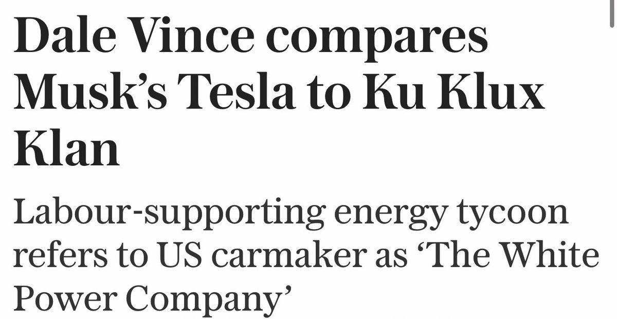 Wow.

Dale Vince compares <a href="/elonmusk/">Elon Musk</a>’s Tesla to the Ku Klux Klan and tries to pressure the regulator into keeping them out of the UK electricity market.

What a disgusting, defamatory statement by one of Labour’s biggest donors, who has his own electricity company’s interests to