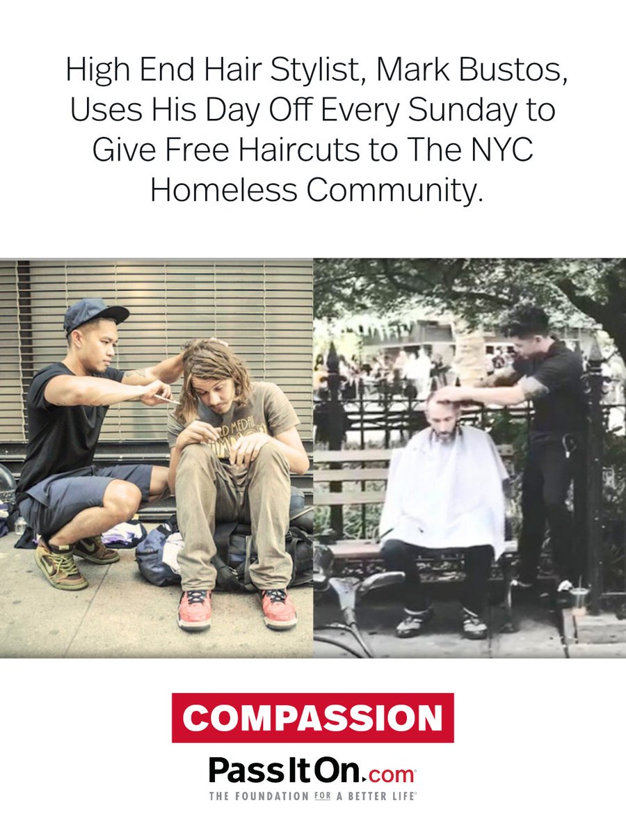 High end hair stylist, Mark Bustos, uses his day off every Sunday to give free haircuts to the NYC homeless community. #freehaircuts #compassion #passiton