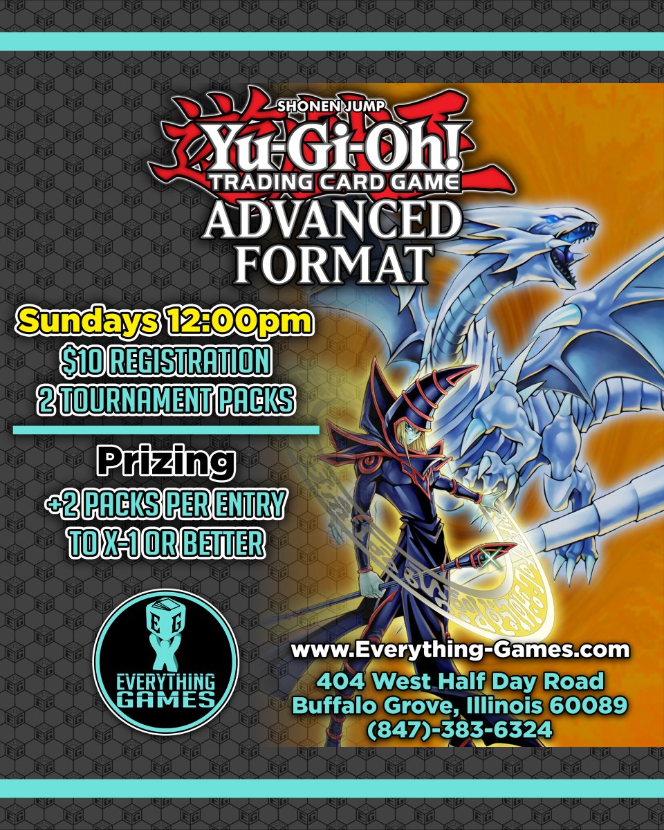 verythingGames's tweet photo. Come join us for Yu-Gi-Oh Advanced Format every Sunday at 12:00pm! Face off against some of Chicagoland’s most seasoned players at the largest Yu-Gi-Oh Official Tournament Store in the area! 🎲 🎮
.
.
.
#YuGiOh #YuGiOhCommunity #EverythingGames https://t.co/WmoGp5uGTi