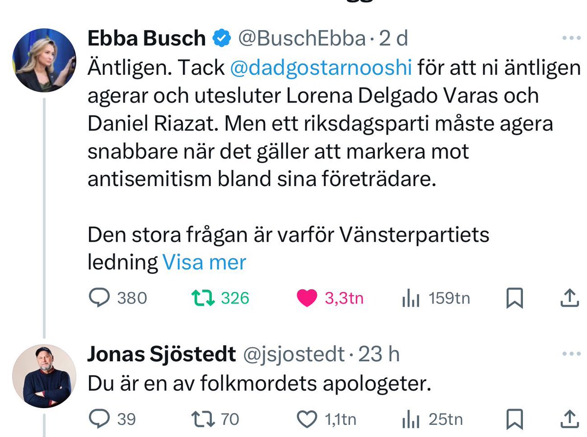 Vänta nu. Ebba Busch tackar Nooshi Dadgostar för att ha uteslutit två antisemiter – och Jonas Sjöstedt svarar med att kalla henne ”folkmordsapologet”. Just detta är Vänsterpartiets problem i ett nötskal: oförmågan att skilja judehat från Israelkritik. Tack, Sjöstedt, för att du