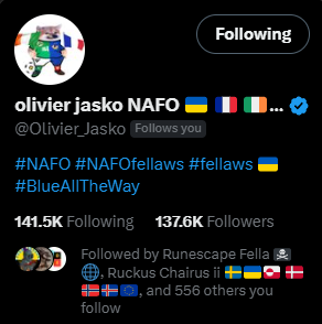 Quick reminder that Twitter is Pro-ruZZia

you can't tell me that it's free speech
when a Pro-Ukraine account (<a href="/Olivier_Jasko/">olivier jasko NAFO 🇺🇦 🇫🇷 🇮🇪 🇺🇸 💙</a>)
with over 130k followers + Checkmark
has only 29 views on a post nearly 2 days old.

Fk Elmo!