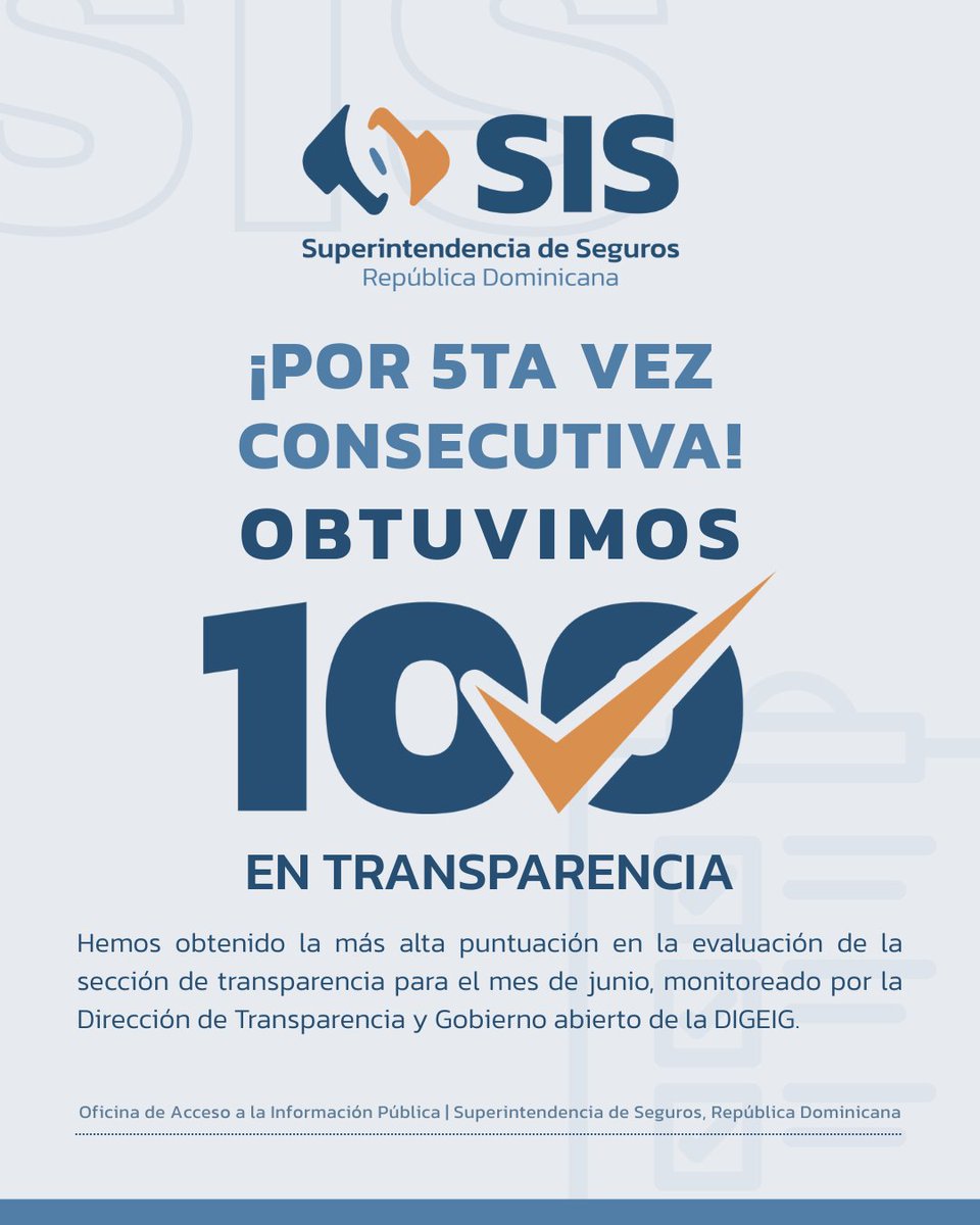 SuperSegurosDO's tweet photo. ¡Por quinta vez consecutiva!
Hemos obtenido la más alta puntuación en Transparencia otorgado por la Dirección General de Ética e Integridad Gubernamental (@digeigrdo) para el mes de junio 2025.
 
 #SuperSegurosDO #Transparencia https://t.co/zpLzDr5yrH