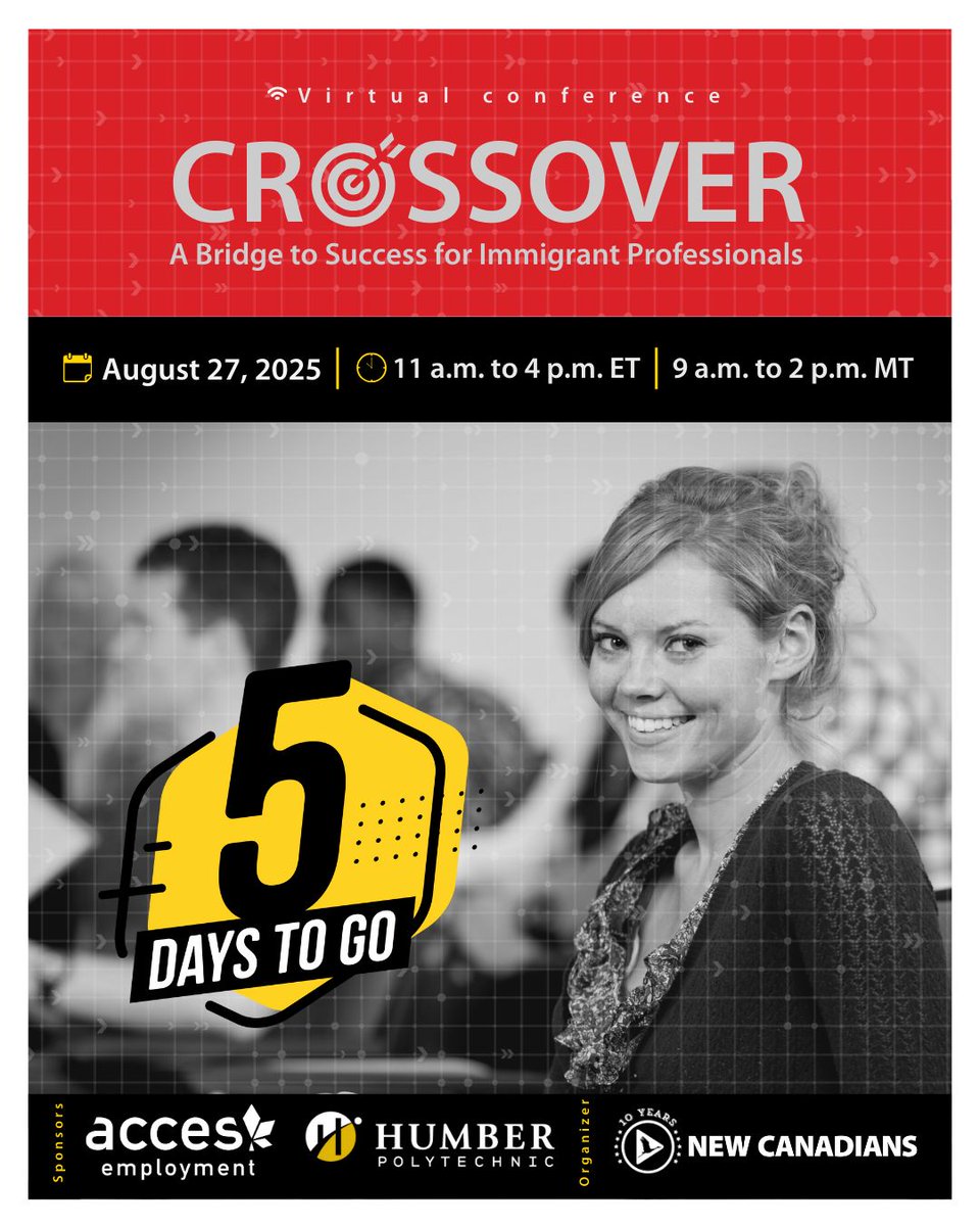 5 days to go! Ready to restart your #CareerinCanada? Join #CrossoverVirtualConference to connect with #BridgingPrograms &amp; experts who understand your journey &amp; have tips &amp; resources for you. 

Find out what #Crossover2025 includes &amp; register here: buff.ly/WVnC2k4

#CdnImm