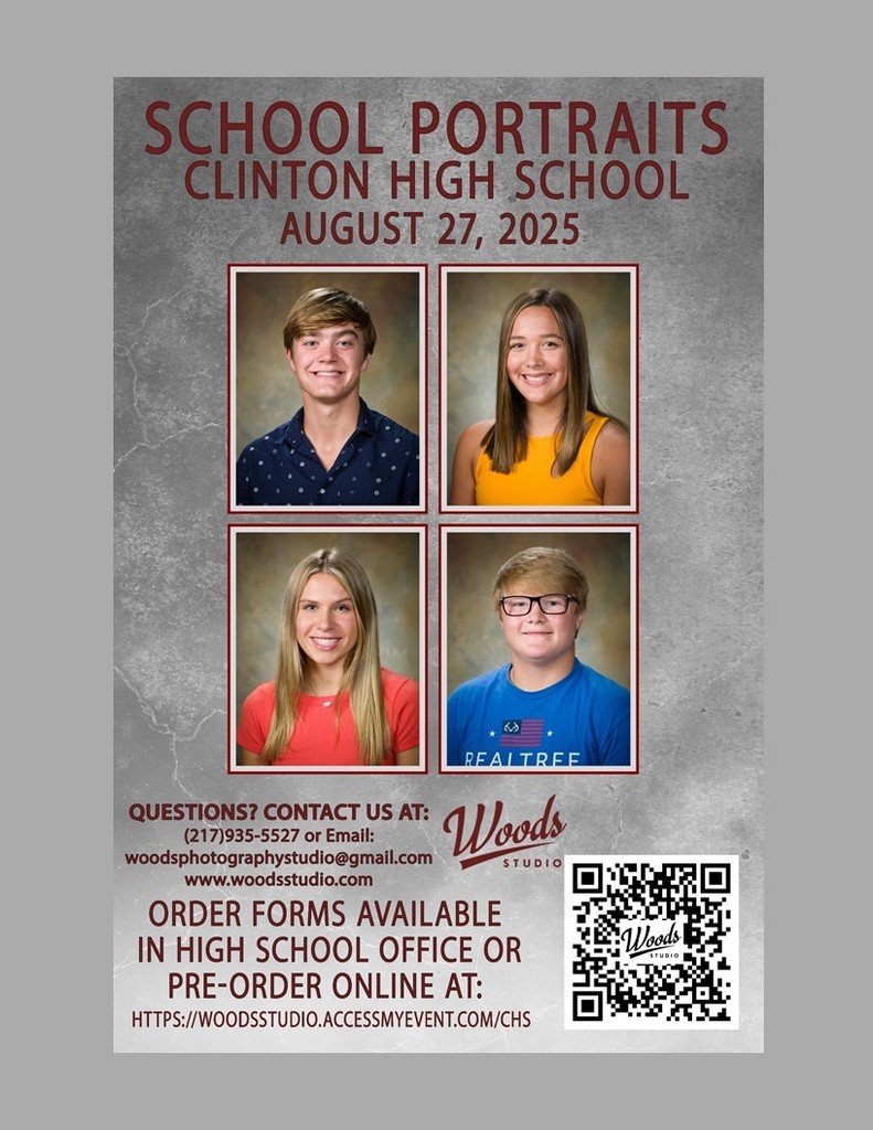 ClintonHS's tweet image. CHS Picture Day

Wednesday

August 27, 2025

You can preorder your pics online at woodsstudio.accessmyevent.com/CHS

Click here for a printable order form or pick one up in the high school office.