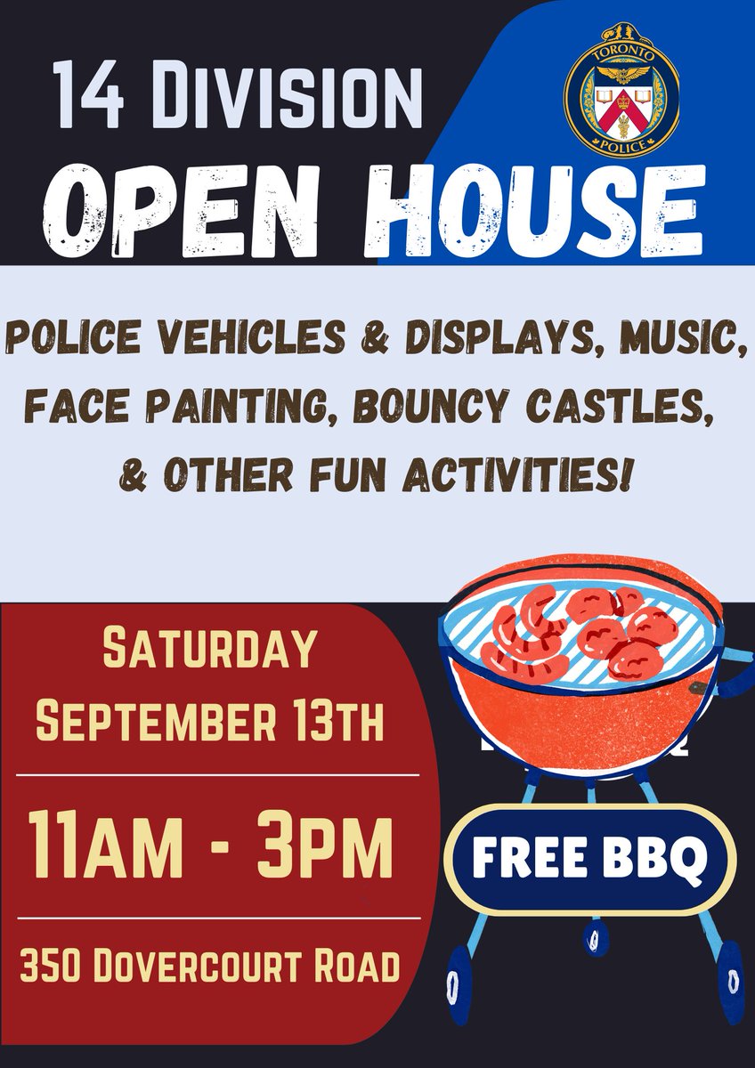 TPS14Div's tweet photo. 🚨 14 Division CPLC Open House 🚨
📅 Sept 13 | 🕚 11AM–3PM
📍 14 Division
👮♂️ Meet local officers
🚓 Police vehicles
🎨 Family fun & activities
🍔 Free food & giveaways
Come connect with your community!
#TorontoPolice #14Division #CPLC #CommunityEvent #OpenHouse https://t.co/GOsxnEuEkx