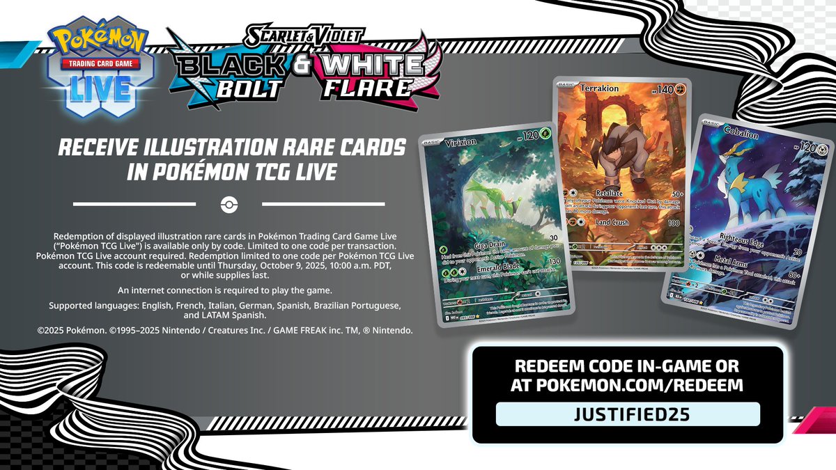 PokemonTCGLive's tweet image. With their strong sense of justice, you&apos;ll want to be careful of doing anything to land on the wrong side of these three 🗡️🗡️🗡️

Code: JUSTIFIED25

Redeem the passcode in Pokémon TCG Live for illustration rare cards featuring Virizion, Terrakion, and Cobalion!