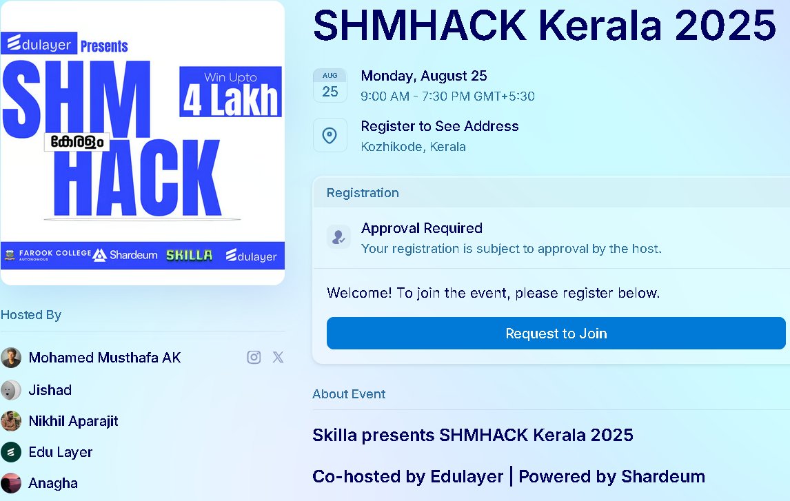 Shardeum News | A Shardeum League (@shardeumnews) on Twitter photo Skilla presents SHMHACK Kerala 2025
Co-hosted by Edulayer | Powered by Shardeum
Date: 25th August 2025
Time: 9:00 AM to 7:00 PM
Venue: Farook College, Kozhikode
Prize Pool: Up to $5,000 in combined cash prizes and post-event grants
#shardeum #shardeumnews #SHMHACK Skilla presents SHMHACK Kerala 2025
Co-hosted by Edulayer | Powered by Shardeum
Date: 25th August 2025
Time: 9:00 AM to 7:00 PM
Venue: Farook College, Kozhikode
Prize Pool: Up to $5,000 in combined cash prizes and post-event grants
#shardeum #shardeumnews #SHMHACK