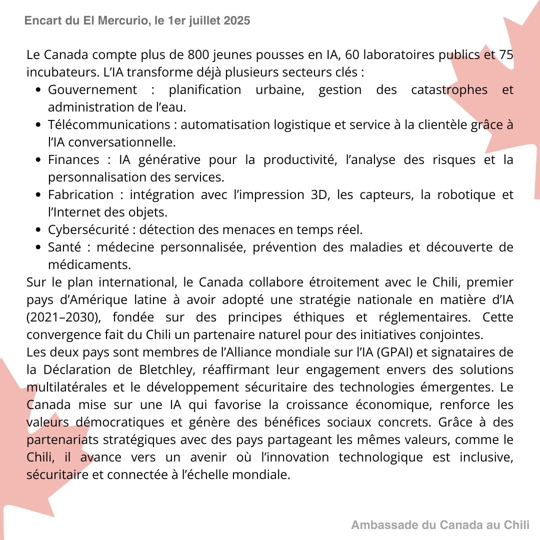📌 Nous partageons un autre article de l’encart spécial du journal El Mercurio pour la Fête du Canada. 
Celui-ci met en lumière le leadership du Canada en IA et les opportunités de collaboration avec le Chili. 
🤖🇨🇦🇨🇱 #IA #CanadaChili #Innovation